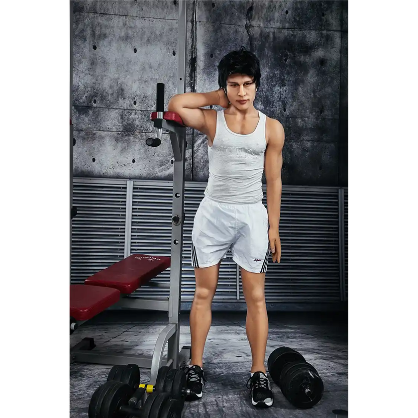 5ft 4in 162cm muscular Asian male sex doll with dark hair and a large penis in a tank top and shorts.