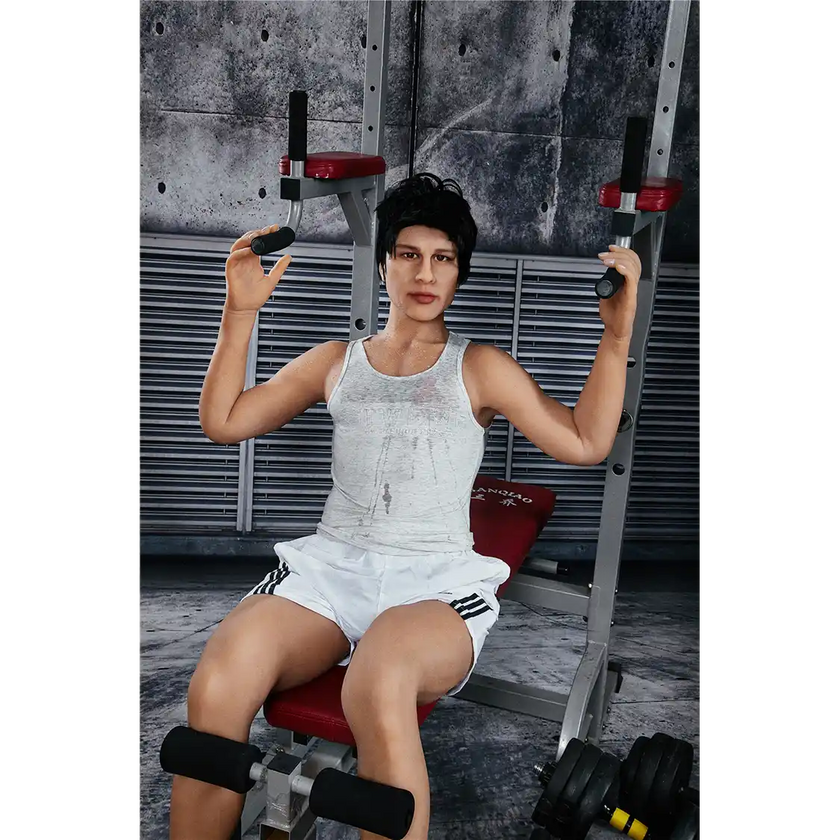 5ft 4in 162cm muscular Asian male sex doll with dark hair and a large penis in a tank top and shorts.