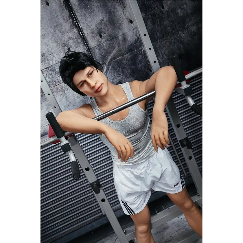 5ft 4in 162cm muscular Asian male sex doll with dark hair and a large penis in a tank top and shorts.