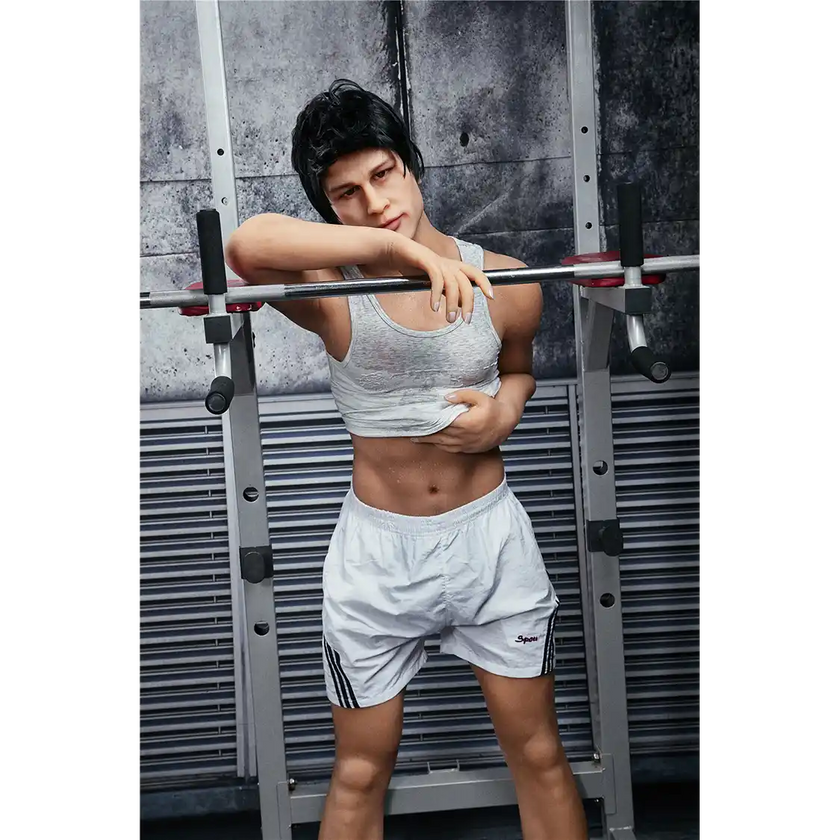 5ft 4in 162cm muscular Asian male sex doll with dark hair and a large penis in a tank top and shorts.