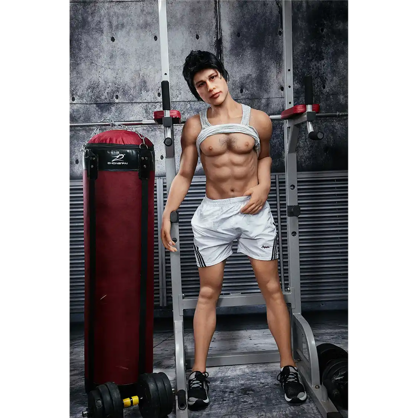 5ft 4in 162cm muscular Asian male sex doll with dark hair and a large penis in a tank top and shorts.