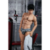 5ft 4in 162cm muscular Asian male sex doll with dark hair and a large penis in a tank top and shorts.