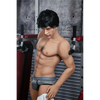 5ft 4in 162cm muscular Asian male sex doll with dark hair and a large penis in a tank top and shorts.