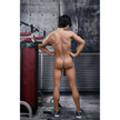 5ft 4in 162cm muscular Asian male sex doll with dark hair and a large penis in a tank top and shorts.