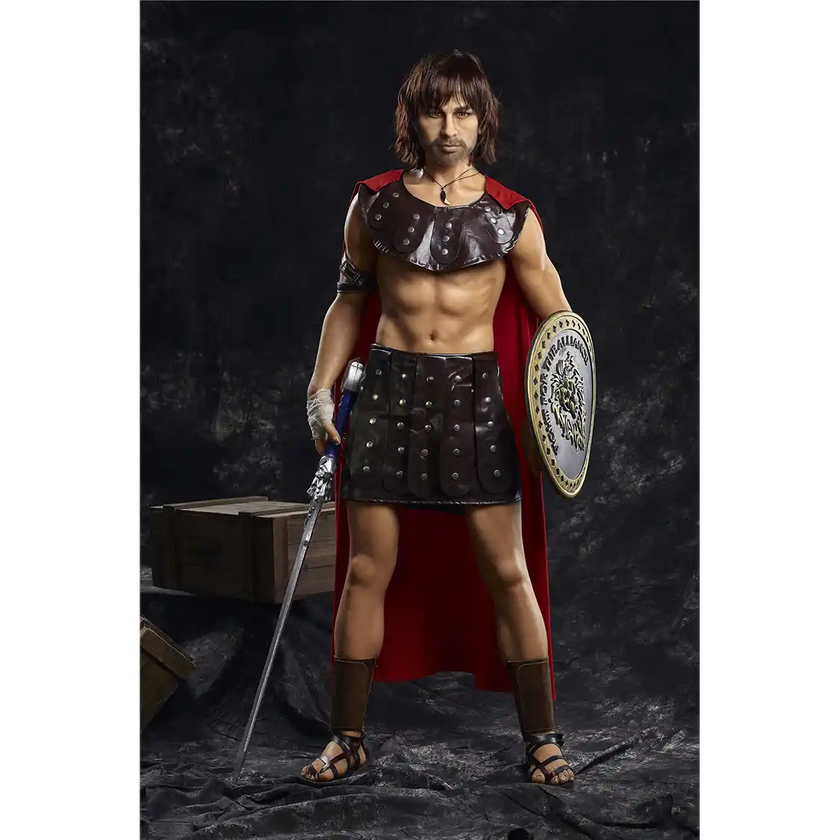5ft 4in 162cm muscular White DILF sex doll with shaggy dark hair, stubble and a large penis in a gladiator outfit.