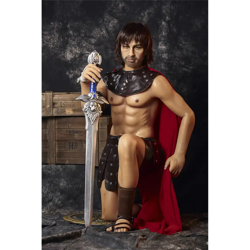 5ft 4in 162cm muscular White DILF sex doll with shaggy dark hair, stubble and a large penis in a gladiator outfit.