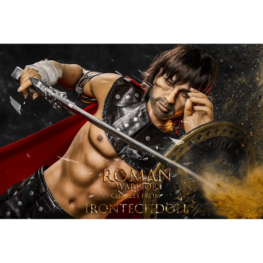 5ft 4in 162cm muscular White DILF sex doll with shaggy dark hair, stubble and a large penis in a gladiator outfit.