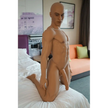 5ft 7in 170cm muscular Black male sex doll with abs, giant penis and blonde hair and blue eyes in gray underwear made by Doll Forever.