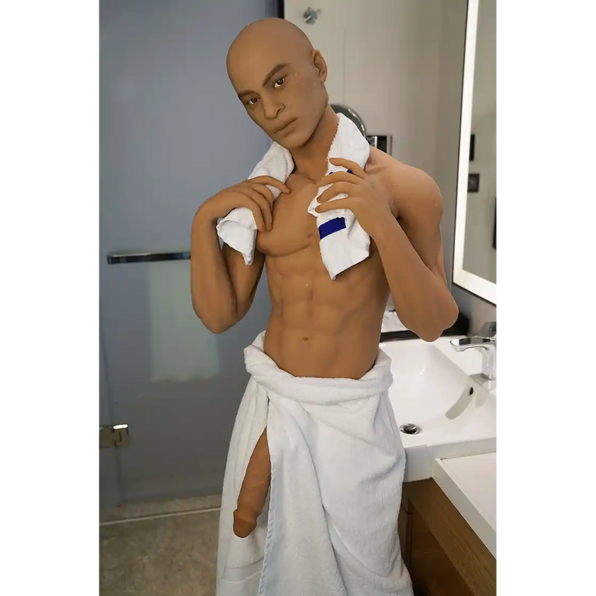 5ft 7in 170cm muscular Black male sex doll with abs, giant penis and blonde hair and blue eyes in gray underwear made by Doll Forever.