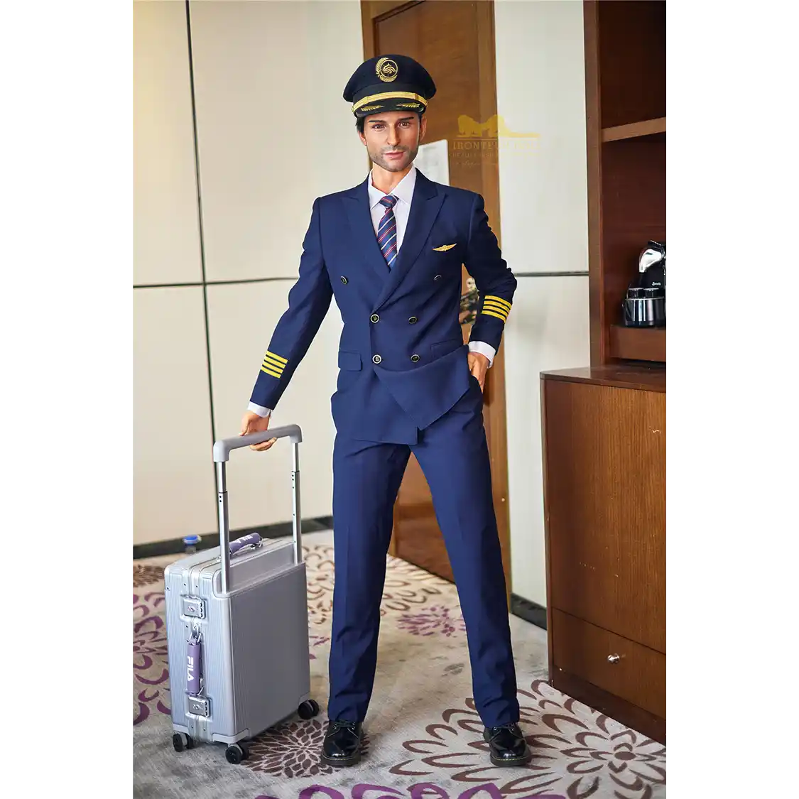 5ft 9in 176cm muscular White male sex doll with a large penis in a pilots outfit.