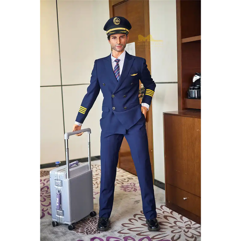 5ft 9in 176cm muscular White male sex doll with a large penis in a pilots outfit.