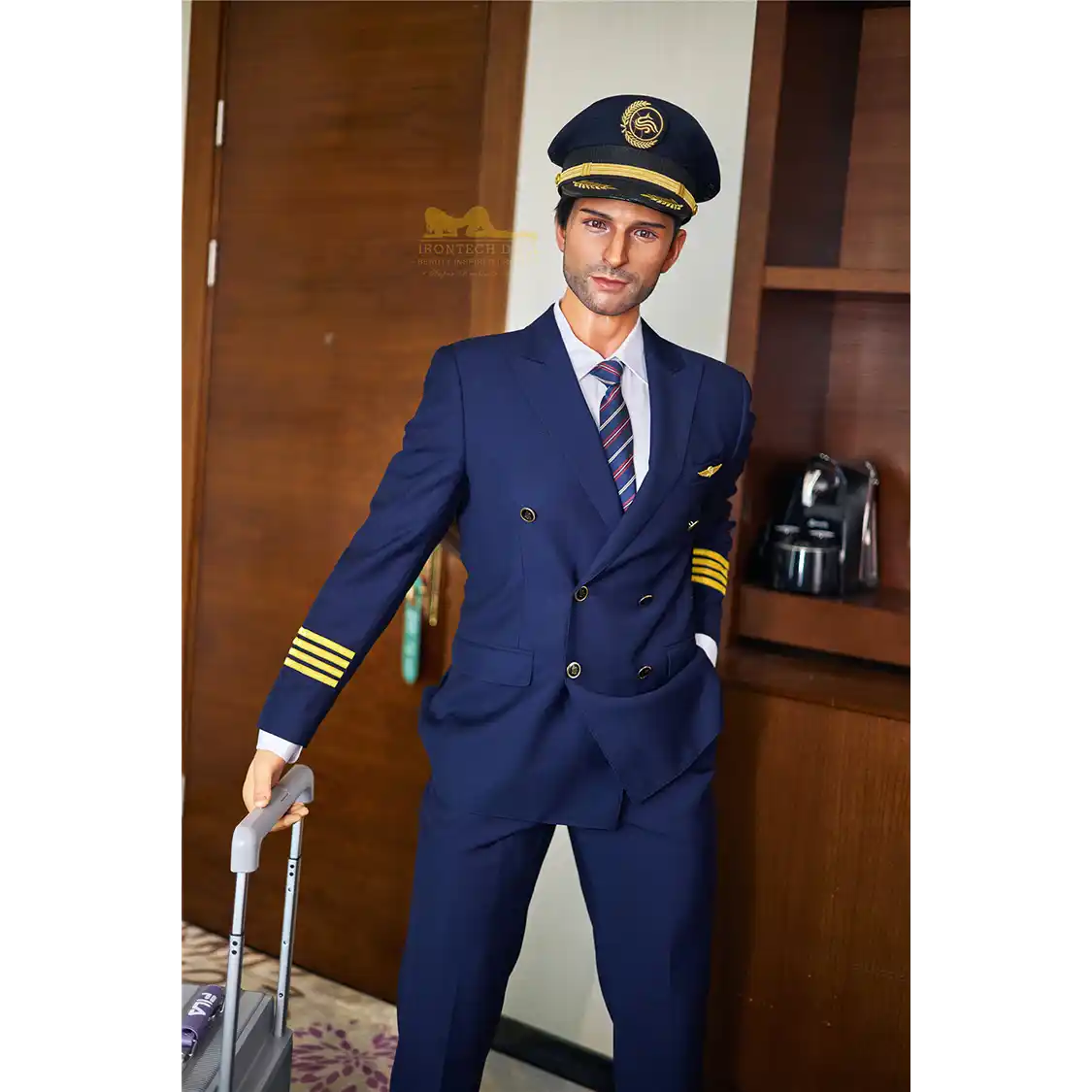 5ft 9in 176cm muscular White male sex doll with a large penis in a pilots outfit.