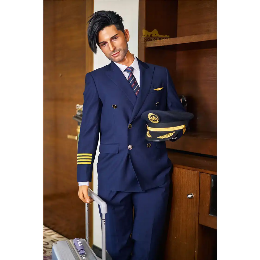 5ft 9in 176cm muscular White male sex doll with a large penis in a pilots outfit.