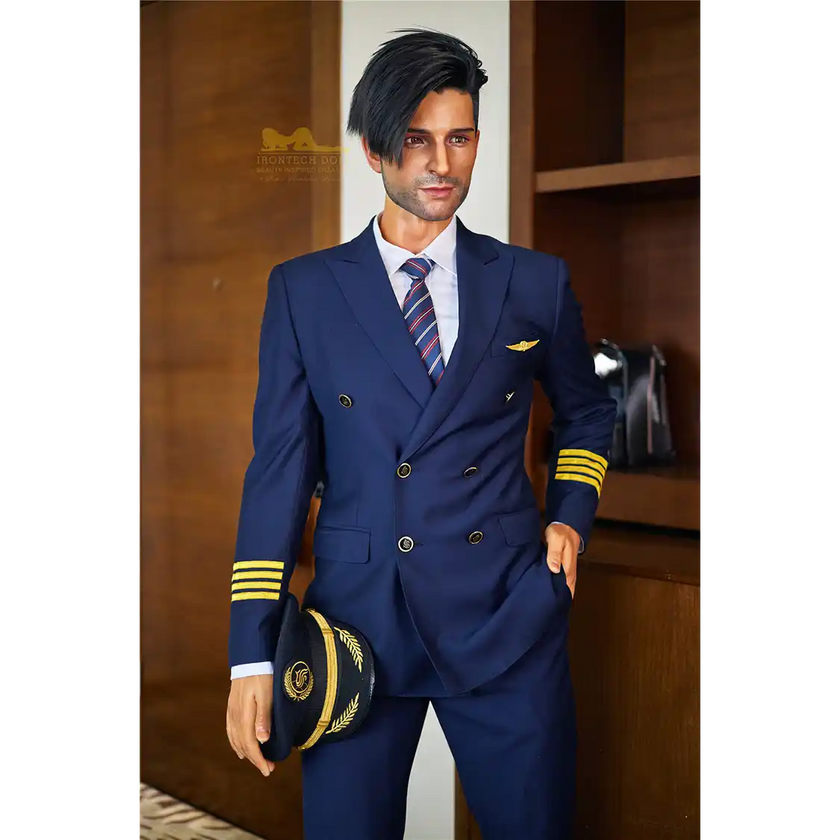 5ft 9in 176cm muscular White male sex doll with a large penis in a pilots outfit.