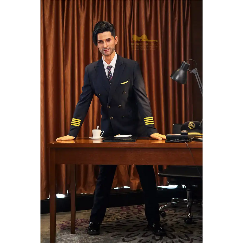 5ft 9in 176cm muscular White male sex doll with a large penis in a pilots outfit.