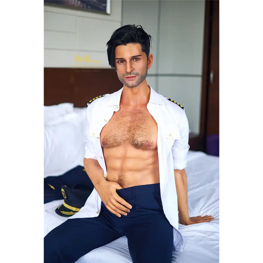 5ft 9in 176cm muscular White male sex doll with a large penis in a pilots outfit.