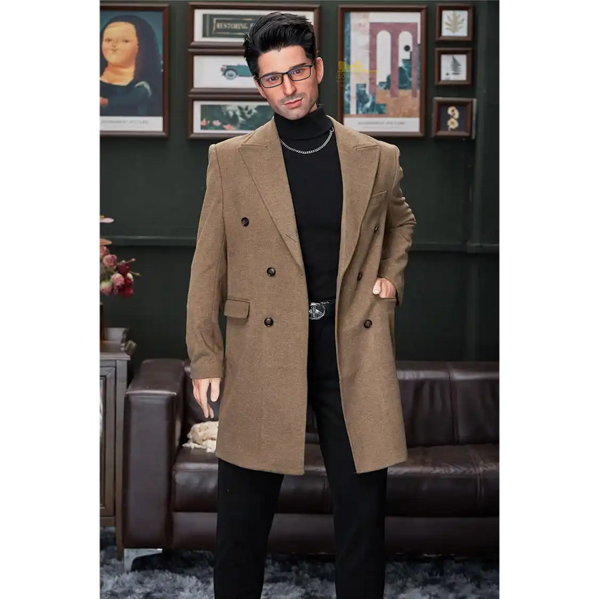 5ft 9in 176cm muscular White male sex doll with a large penis in black dress clothes and a coat.