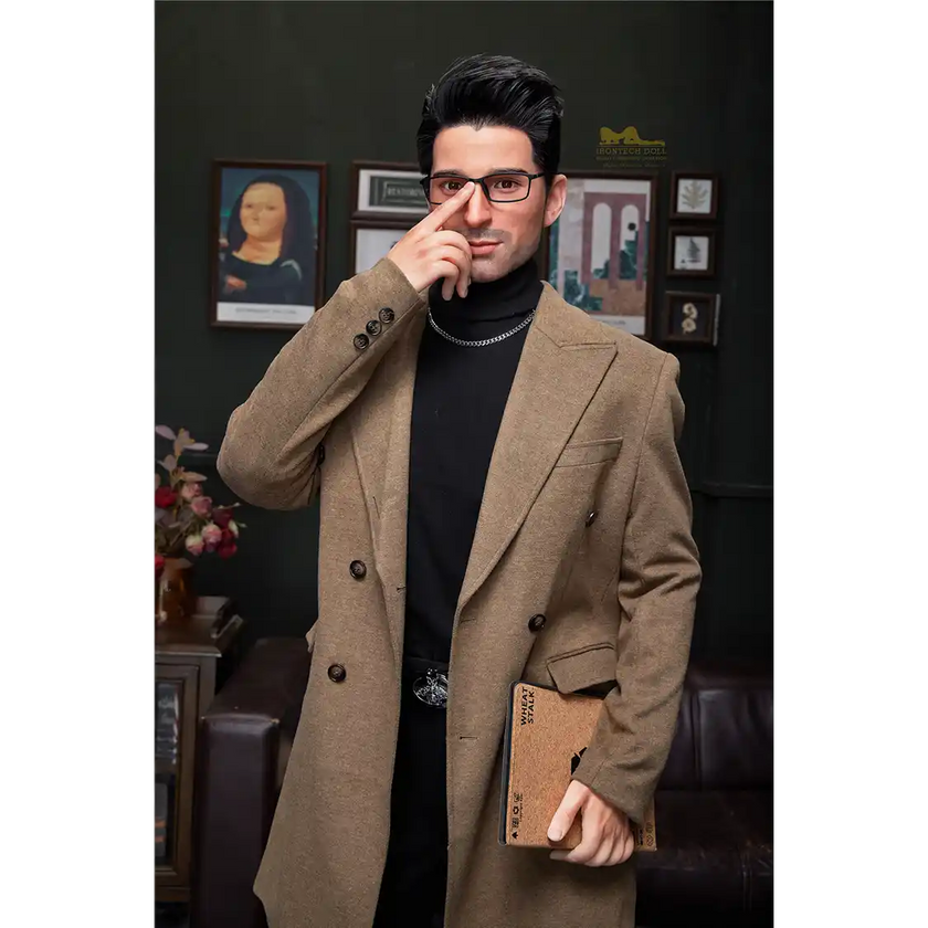 5ft 9in 176cm muscular White male sex doll with a large penis in black dress clothes and a coat.