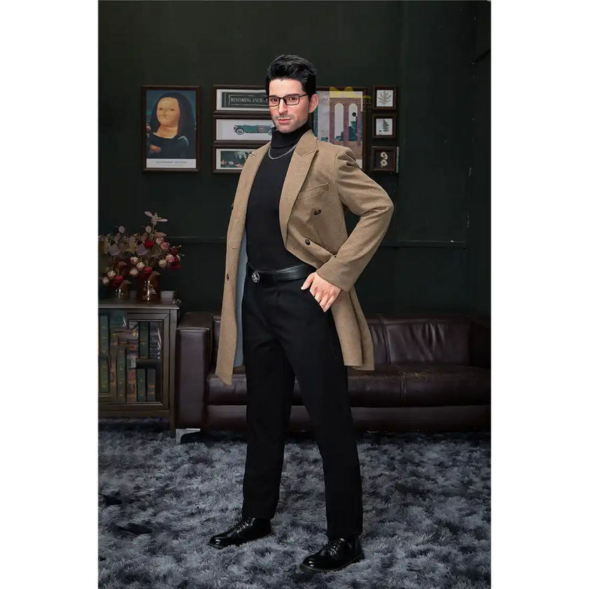 5ft 9in 176cm muscular White male sex doll with a large penis in black dress clothes and a coat.