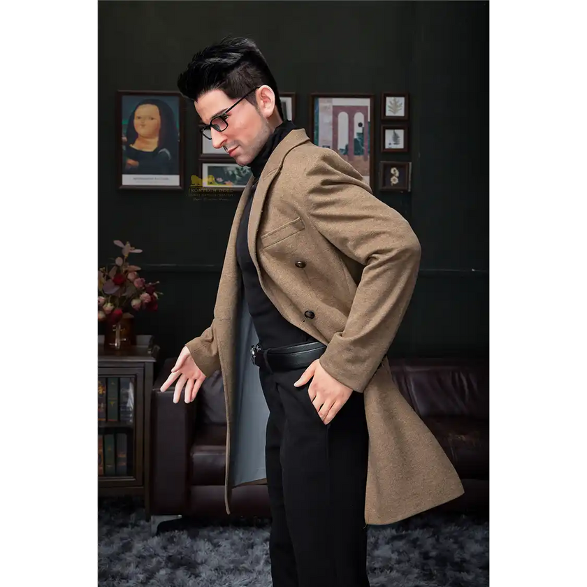 5ft 9in 176cm muscular White male sex doll with a large penis in black dress clothes and a coat.
