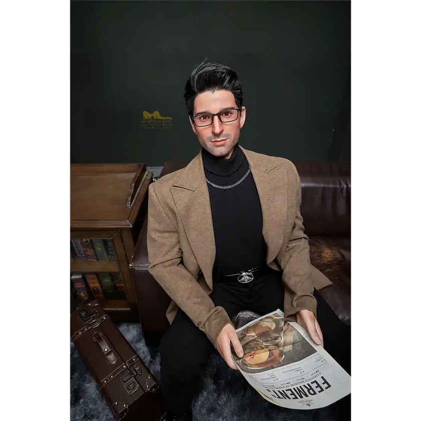 5ft 9in 176cm muscular White male sex doll with a large penis in black dress clothes and a coat.