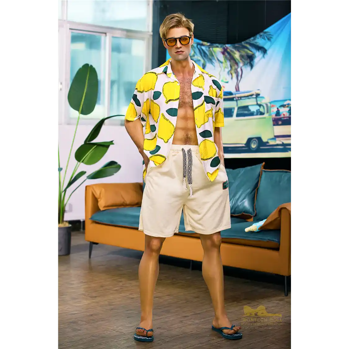 5ft 9in 176cm muscular White male sex doll with a large penis in a Hawaiian shirt and beige shorts.