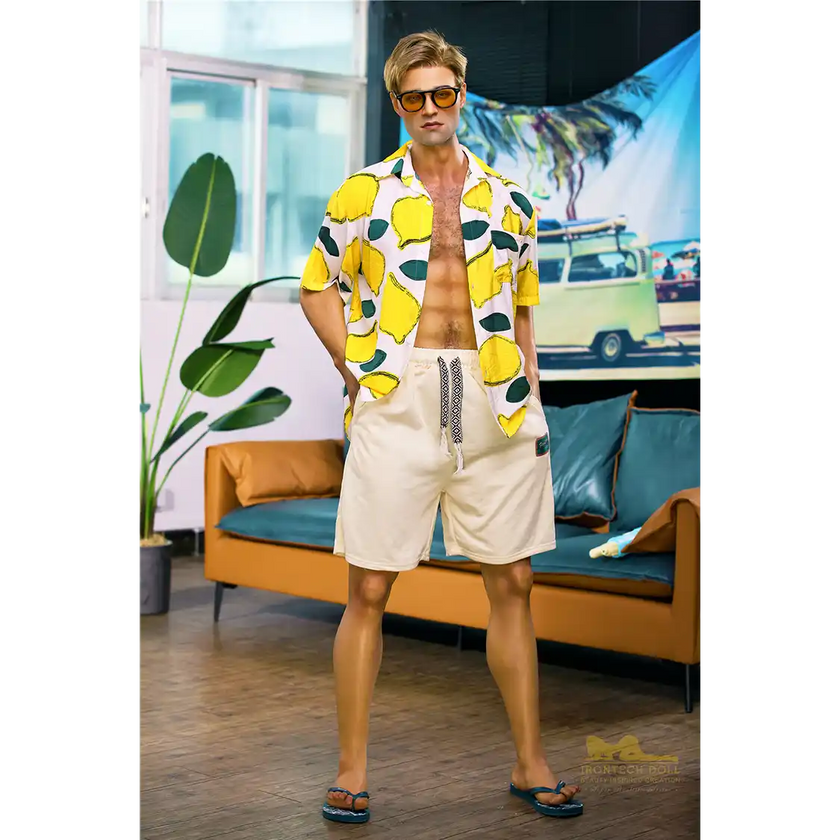 5ft 9in 176cm muscular White male sex doll with a large penis in a Hawaiian shirt and beige shorts.