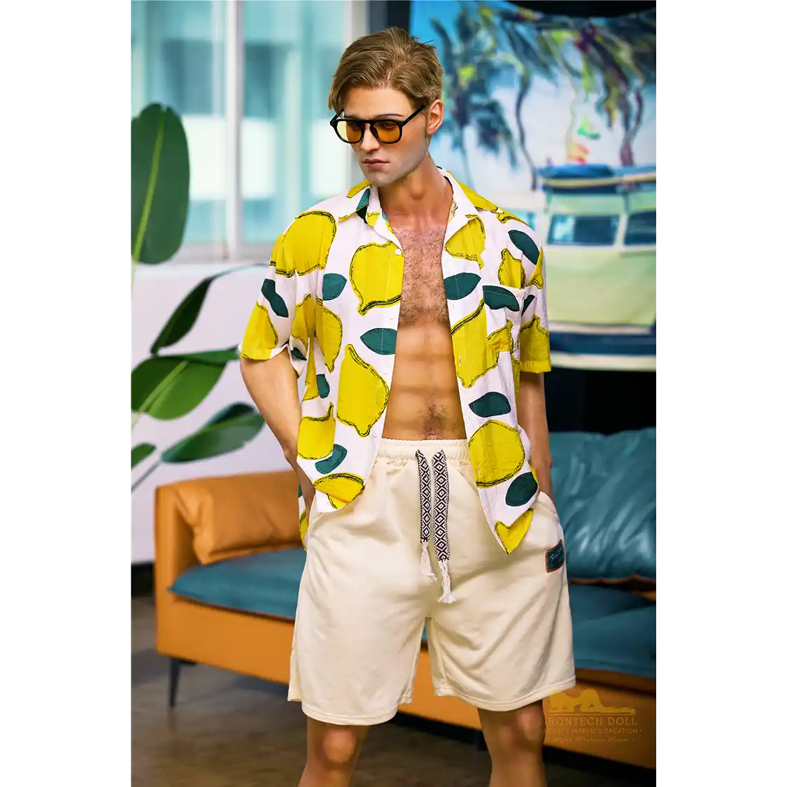 5ft 9in 176cm muscular White male sex doll with a large penis in a Hawaiian shirt and beige shorts.