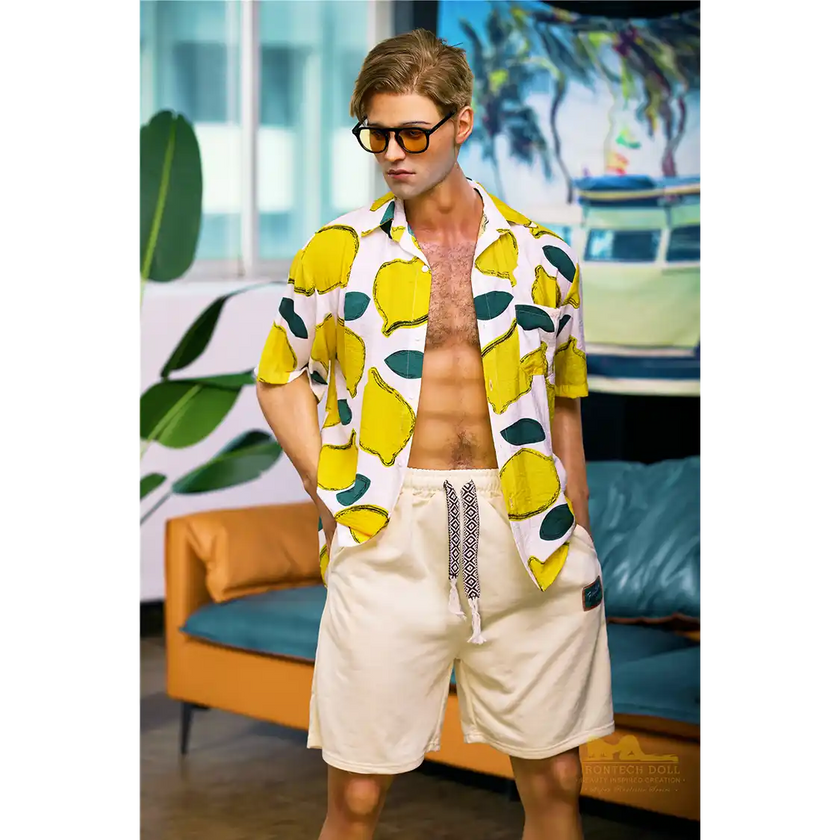 5ft 9in 176cm muscular White male sex doll with a large penis in a Hawaiian shirt and beige shorts.