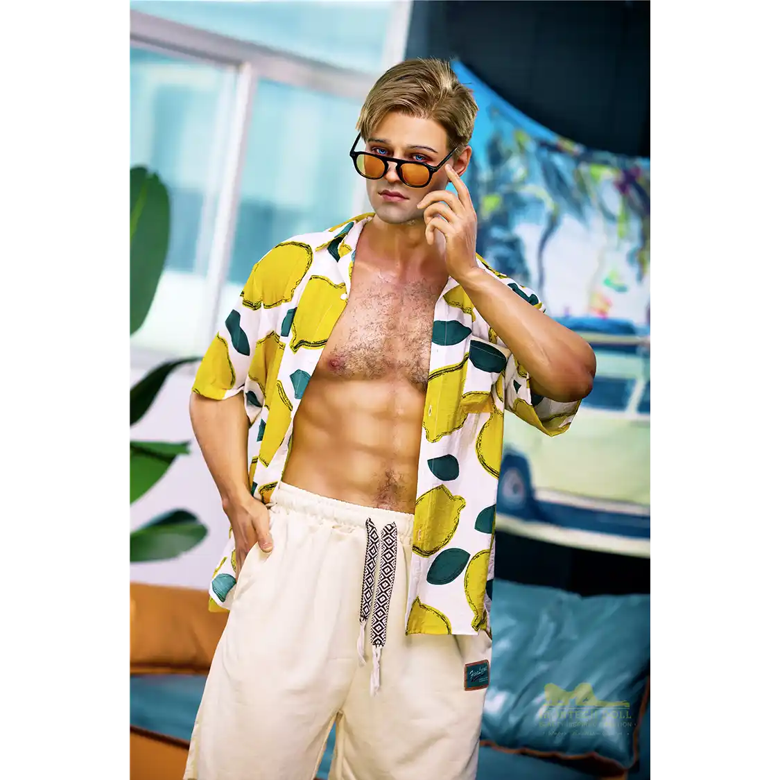 5ft 9in 176cm muscular White male sex doll with a large penis in a Hawaiian shirt and beige shorts.