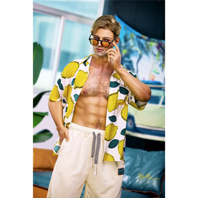 5ft 9in 176cm muscular White male sex doll with a large penis in a Hawaiian shirt and beige shorts.