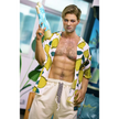 5ft 9in 176cm muscular White male sex doll with a large penis in a Hawaiian shirt and beige shorts.