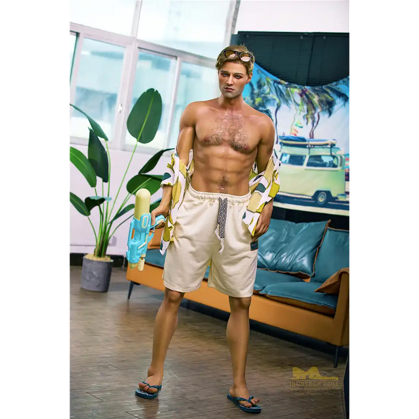 5ft 9in 176cm muscular White male sex doll with a large penis in a Hawaiian shirt and beige shorts.