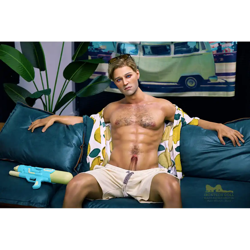 5ft 9in 176cm muscular White male sex doll with a large penis in a Hawaiian shirt and beige shorts.