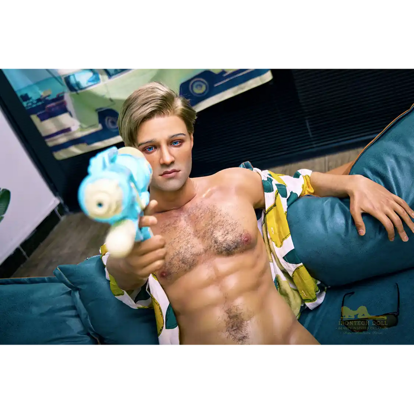 5ft 9in 176cm muscular White male sex doll with a large penis in a Hawaiian shirt and beige shorts.