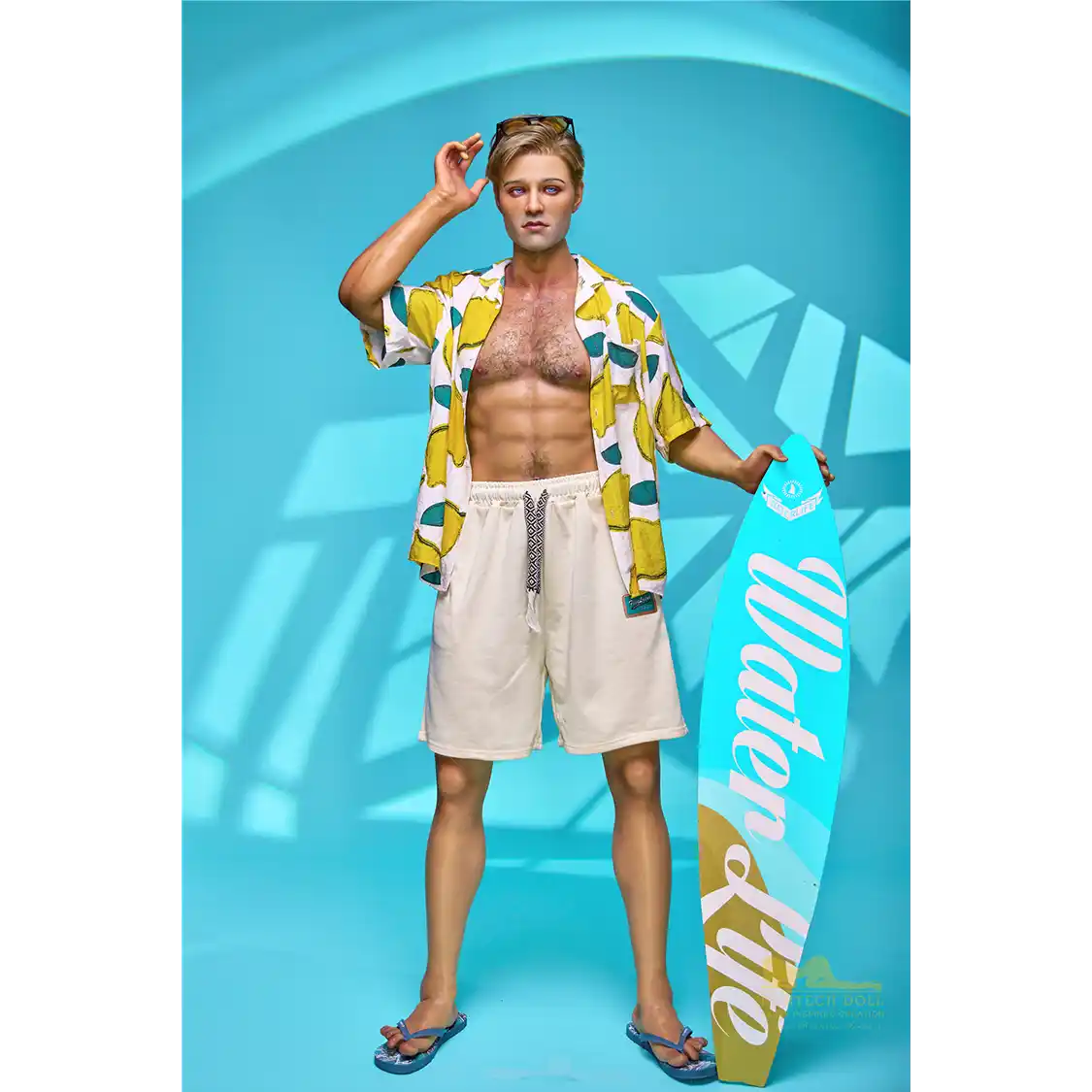 5ft 9in 176cm muscular White male sex doll with a large penis in a Hawaiian shirt and beige shorts.