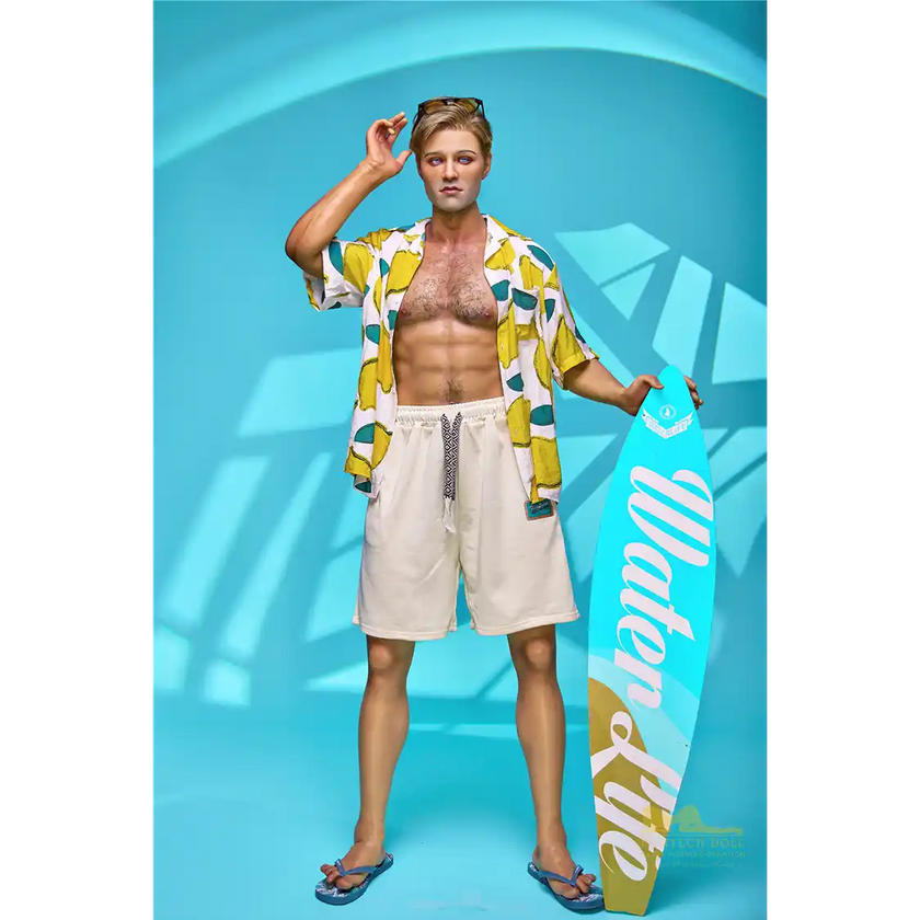 5ft 9in 176cm muscular White male sex doll with a large penis in a Hawaiian shirt and beige shorts.