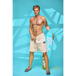 5ft 9in 176cm muscular White male sex doll with a large penis in a Hawaiian shirt and beige shorts.