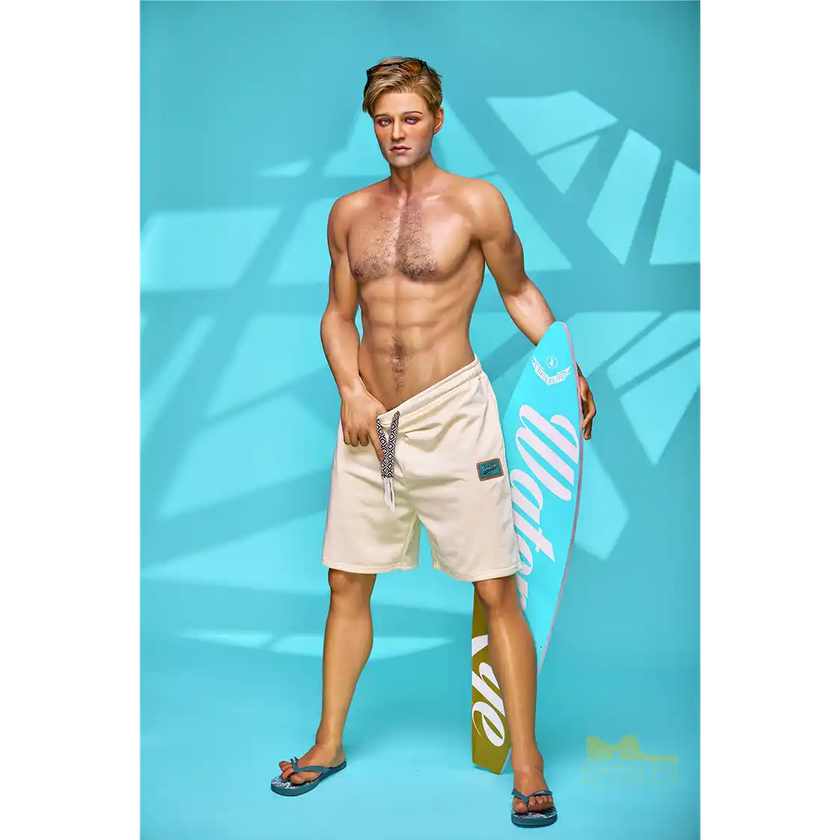 5ft 9in 176cm muscular White male sex doll with a large penis in a Hawaiian shirt and beige shorts.