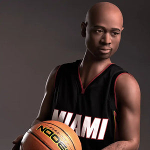 5ft 9in 175cm muscular Black male sex doll bald with a large penis dressed in a basketball outfit.