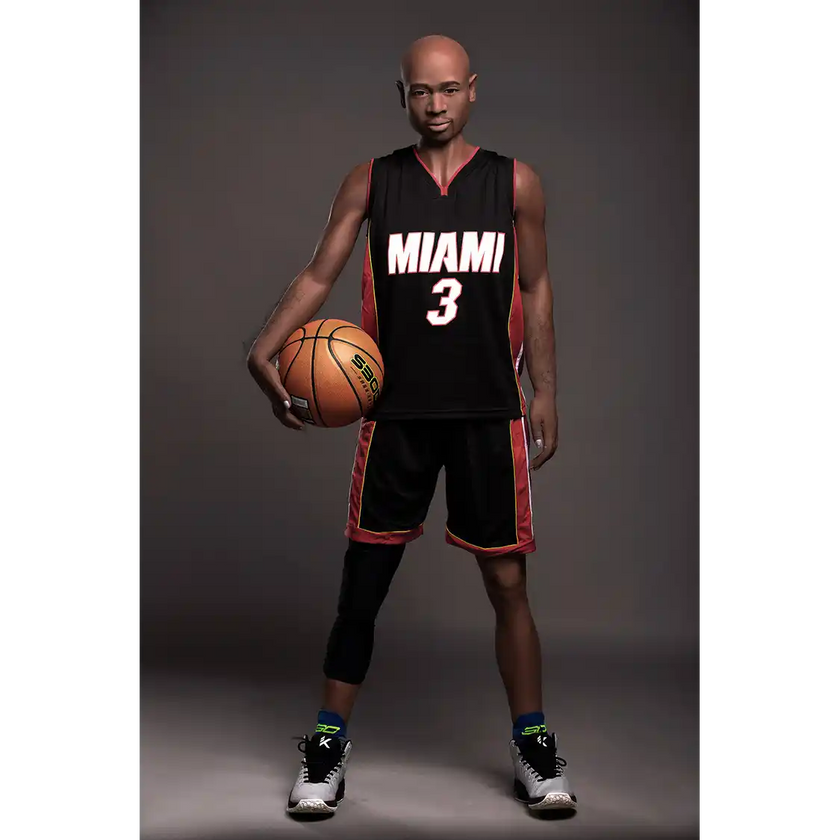 5ft 9in 175cm muscular Black male sex doll bald with a large penis dressed in a basketball outfit.