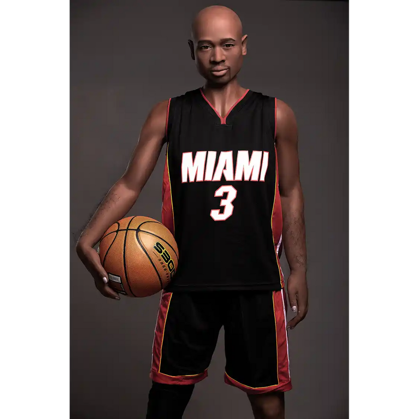 5ft 9in 175cm muscular Black male sex doll bald with a large penis dressed in a basketball outfit.