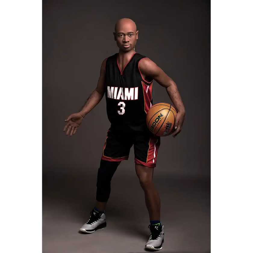 5ft 9in 175cm muscular Black male sex doll bald with a large penis dressed in a basketball outfit.