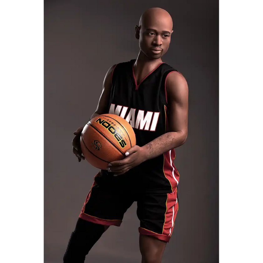 5ft 9in 175cm muscular Black male sex doll bald with a large penis dressed in a basketball outfit.