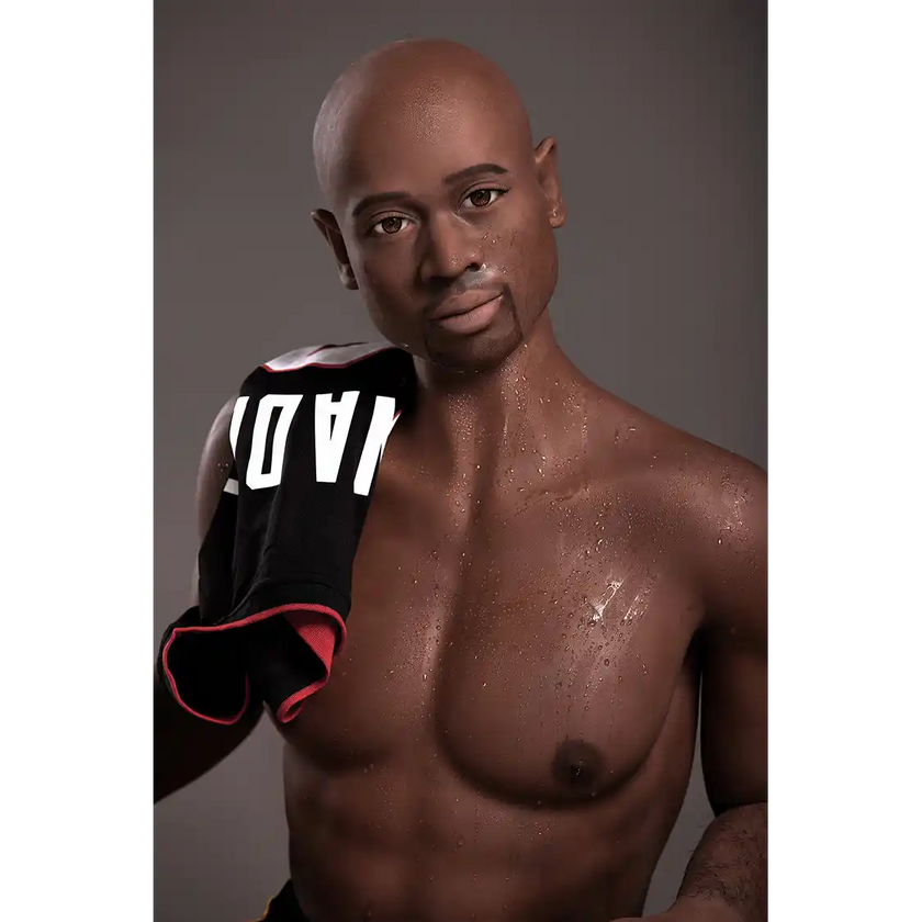 5ft 9in 175cm muscular Black male sex doll bald with a large penis dressed in a basketball outfit.