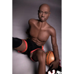 5ft 9in 175cm muscular Black male sex doll bald with a large penis dressed in a basketball outfit.