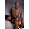 5ft 9in 175cm muscular Black male sex doll bald with a large penis dressed in a basketball outfit.