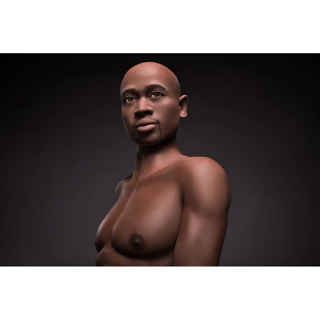 5ft 9in 175cm muscular Black male sex doll bald with a large penis dressed in a basketball outfit.