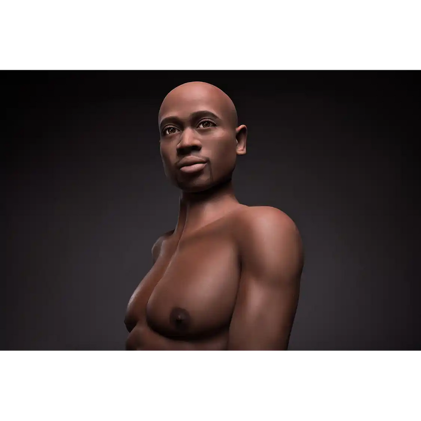 5ft 9in 175cm muscular Black male sex doll bald with a large penis dressed in a basketball outfit.