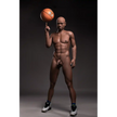 5ft 9in 175cm muscular Black male sex doll bald with a large penis dressed in a basketball outfit.